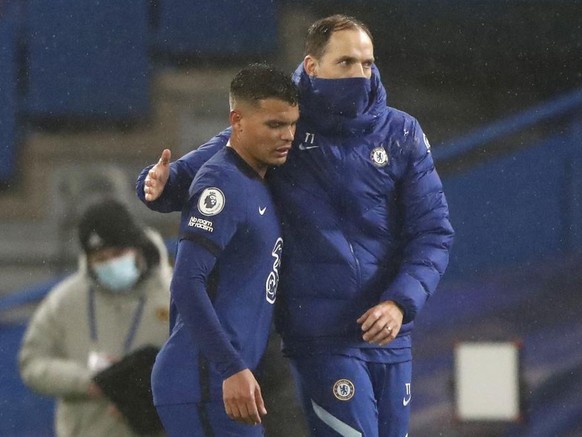 Chelsea&#039;s Thiago Silva embraces manager Thomas Tuchel after the English Premier League soccer match between Chelsea and Wolverhampton Wanderers at Stamford Bridge Stadium in London, England, Wedn ...