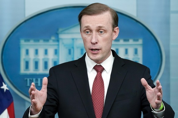 White House national security adviser Jake Sullivan speaks during a press briefing at the White House, Feb. 11, 2022, in Washington. President Biden is sending his national security adviser for talks  ...