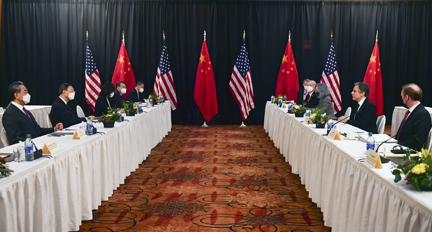 Secretary of State Antony Blinken, second from right, joined by national security adviser Jake Sullivan, right, speaks while facing Chinese Communist Party foreign affairs chief Yang Jiechi, second fr ...