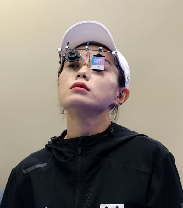 CHATEAUROUX, FRANCE - JULY 28: Kim Yeji of Team Republic of Korea prepares to shoot during the Women&#039;s 10m Air Pistol Final on day two of the Olympic Games Paris 2024 at Chateauroux Shooting Cent ...