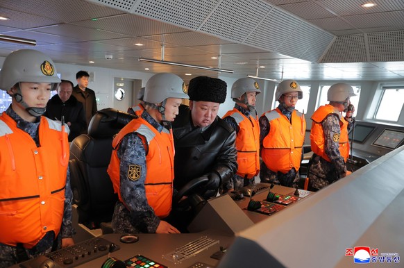 epa12795764 An undated photo released by the official Korean Central News Agency (KCNA) on 05 March 2026 shows North Korean leader Kim Jong-un onboard the country's first 5,000-ton multipurpose d ...