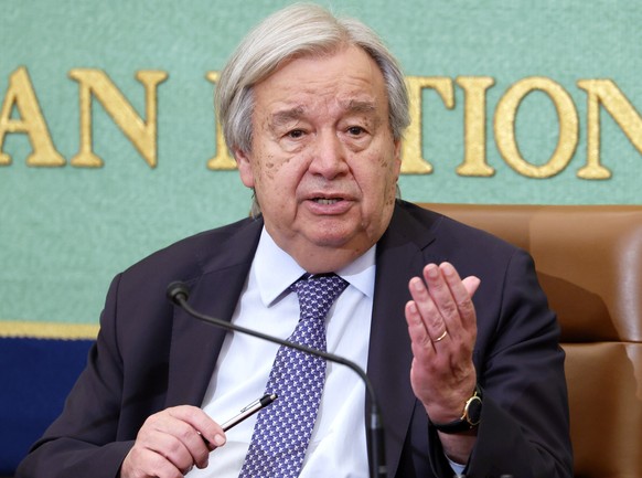 epa12977134 UN Secretary-General Antonio Guterres speaks during a press conference at Japan National Press Club in Tokyo, Japan, 20 May 2026. Guterres is on a four-day visit to Japan as the country ma ...