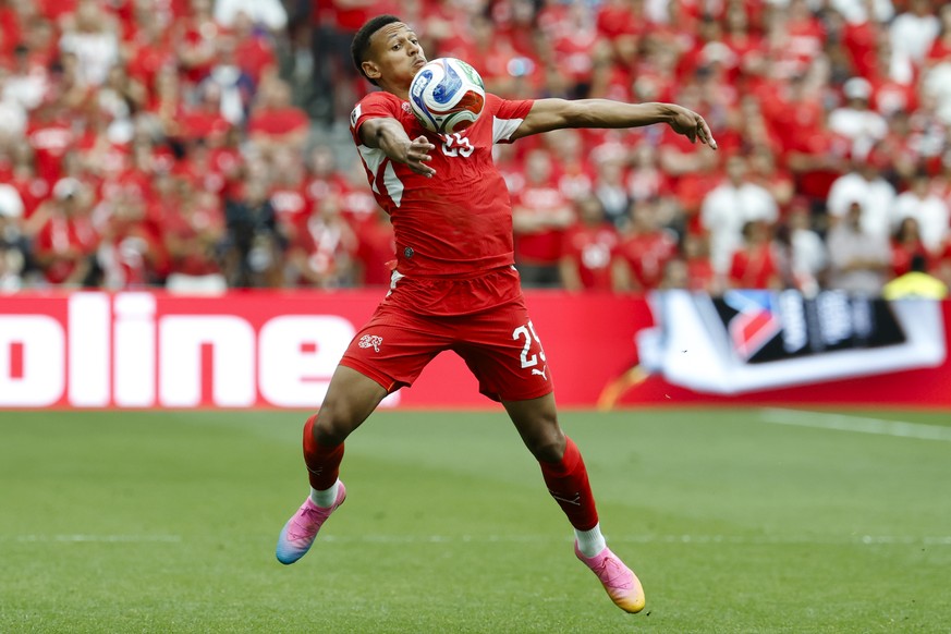 Switzerland's Luca Jaquez in action during the World Cup Group B soccer match between Switzerland and Canada at the BC Place stadium in Vancouver, Canada, Wednesday, June 24, 2026, during the 202 ...