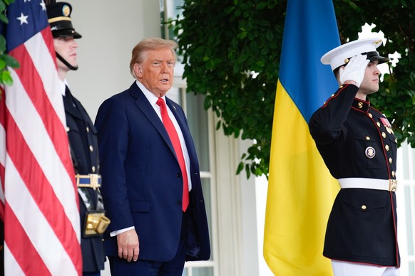 US President Donald Trump greets Ukrainian President Volodymyr Zelenskiy before their meeting with European Leaders at the White House in Washington on August 18, 2025. Photo by Yuri Gripas/Pool/Sipa  ...