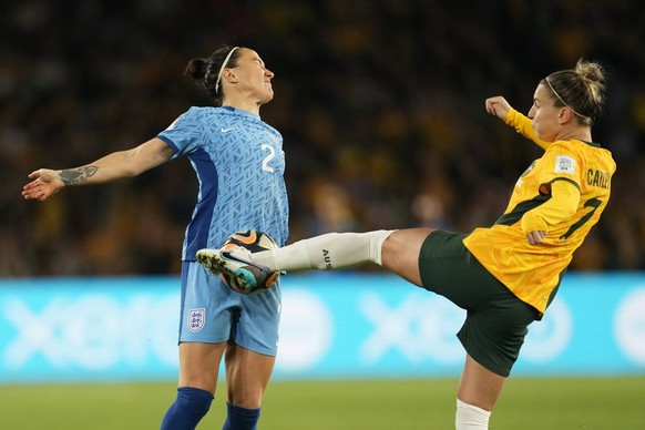 Australia&#039;s Steph Catley, right, and England&#039;s Lucy Bronze challenge for the ball during the Women&#039;s World Cup semifinal soccer match between Australia and England at Stadium Australia  ...