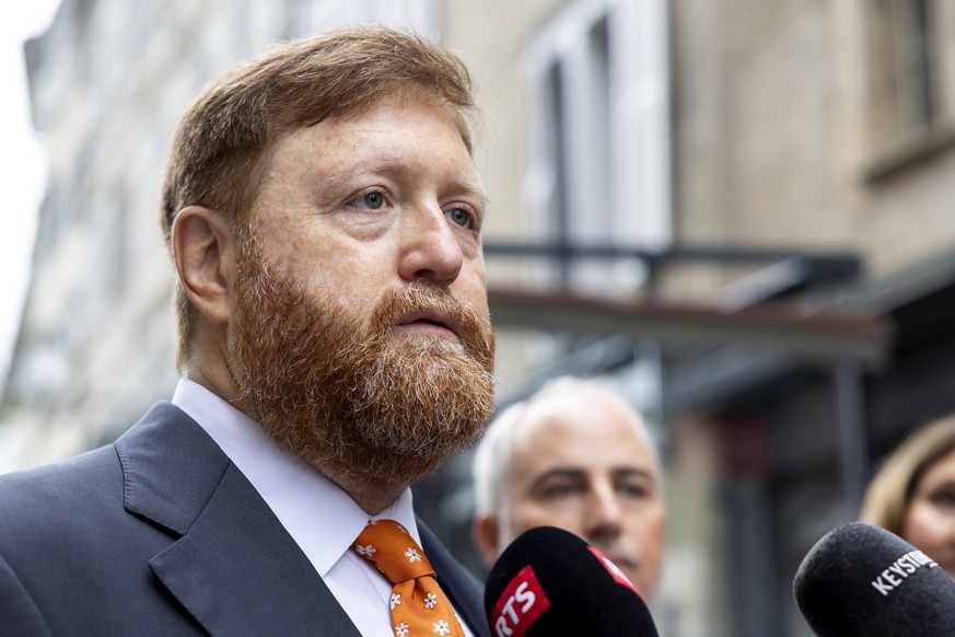 epa11579259 Former head of Guatemala&#039;s national police Erwin Sperisen (C) talks to the media at the court house before opening of his fourth trial, in Geneva, Switzerland, 02 September 2024. The  ...