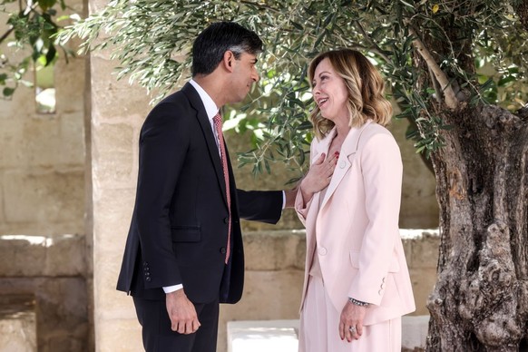 FASANO, ITALY - JUNE 13: Giorgia Meloni, Italy's Prime Minister, welcomes Rishi Sunak, Prime Minister of the United Kingdom during the first day of the G7 meeting at Borgo Egnazia resort, on June ...