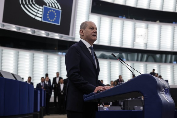 German Chancellor Olaf Scholz delivers his speech during a debate about Europe, Tuesday, may 9, 2023 at the European Parliament in Strasbourg, eastern France. (AP Photo/Jean-Francois Badias)