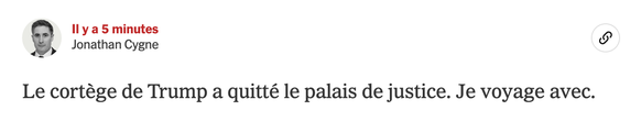 L'ex-président a invité une vingtaine de journalistes à participer à sa course d'école judiciaire, de son avion au tribunal, puis retour.