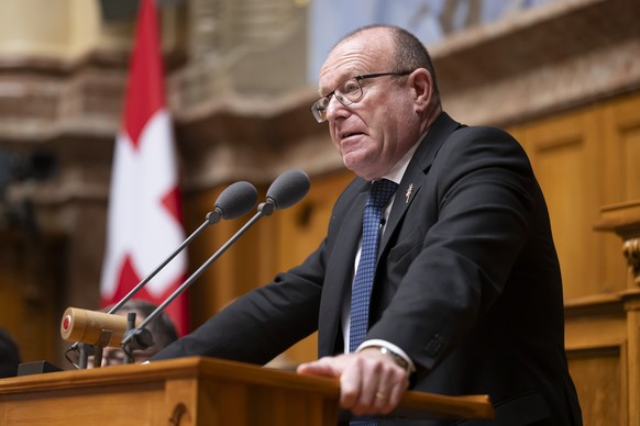 Jean-Luc Addor, SVP-VS, spricht waehrend der Wintersession der Eidgenoessischen Raete, am Donnerstag, 12. Dezember 2024 im Nationalrat in Bern. (KEYSTONE/Anthony Anex)