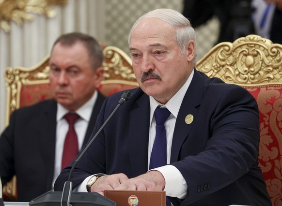 FILE - In this photo released by the Russian Foreign Ministry Press Service, Belarusian President Alexander Lukashenko, and Belarusian Foreign Minister Vladimir Makei, left, attend the meeting of the  ...