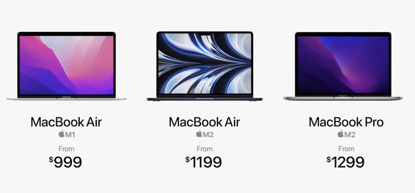 Et ici les prix en dollars américains. A noter que le précédent Macbook Air (avec puce M1) est disponible dans l'Apple Store suisse à partir de 1129 francs.