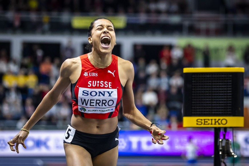 KEYPIX - Silver medalist Audrey Werro of Switzerland reacts after the women's 800 meters final at the World Athletics Indoor Championships at the Kujawsko-Pomorska Arena in Torun, Poland, Sunday, ...
