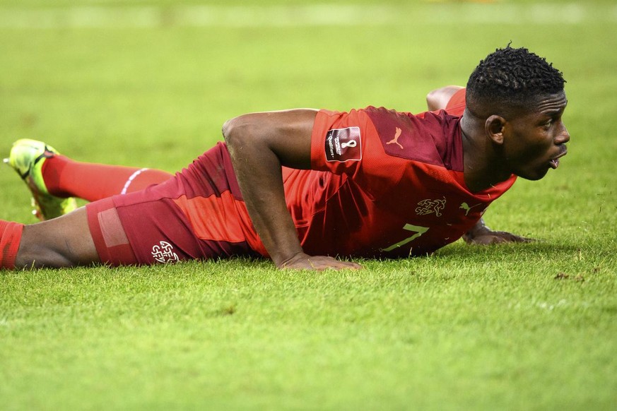 Switzerland&#039;s forward Breel Embolo reacts during the 2022 FIFA World Cup European Qualifying Group C football match between Switzerland and Northern Ireland, at the Stade de Geneve stadium, in Ge ...