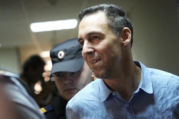 French citizen Laurent Vinatier is escorted to a courtroom in the Zamoskvoretsky District Court in Moscow, Russia, on Tuesday, Sept. 3, 2024. Vinatier was arrested in Russia on charges of unlawfully c ...