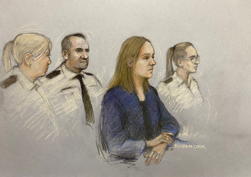 This court artist sketch by Elizabeth Cook shows Lucy Letby appearing in the dock at Manchester Crown Court, in Manchester, England, Monday Oct. 10, 2022. Letby, 32, has been charged with murder in th ...