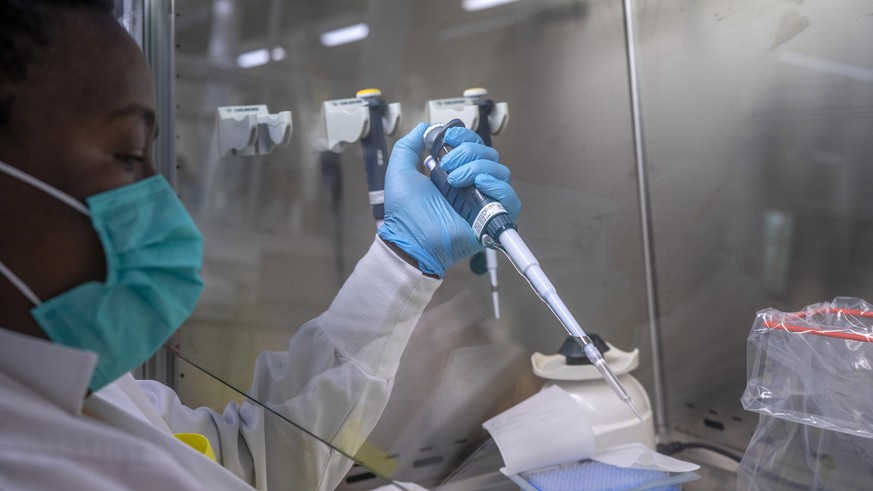 Puseletso Lesofi prepares to sequence COVID-19 omicron samples at the Ndlovu Research Center in Elandsdoorn, South Africa Wednesday Dec. 8, 2021. The centre ls part of the Network for Genomic Surveill ...