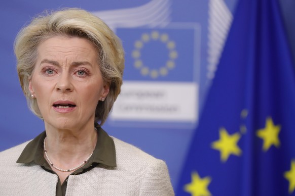 European Commission President Ursula von der Leyen speaks during a press statement at EU headquarters in Brussels, Sunday, Feb. 27, 2022. The European Union&#039;s top diplomat is proposing to begin u ...