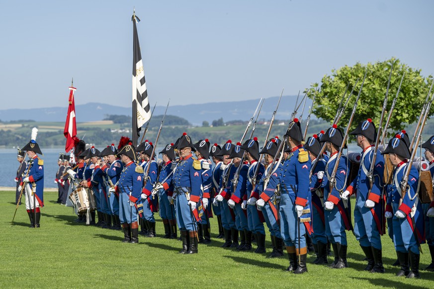 Grenadiere Fribourg bei der Gedenkfeier 550 Jahre Schlacht bei Murten, am Samstag, 20. Juni 2026, in Murten. Die Schlacht bei Murten vom 22. Juni 1476 war ein entscheidender Sieg der Eidgenossen und i ...