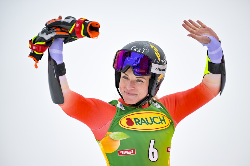 Lara Gut-Behrami from Switzerland reacts in the finish are during the second run of the Womens Giant Slalom race of the FIS Alpine Ski World Cup season opener on the Rettenbach glacier, in Soelden, A ...