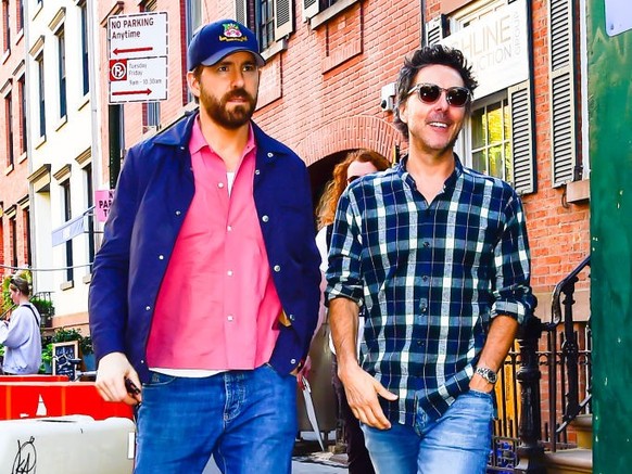 NEW YORK, NEW YORK - OCTOBER 26: Ryan Reynolds (L) and Shawn Levy are seen in the West Village on October 26, 2023 in New York City. (Photo by Raymond Hall/GC Images)
