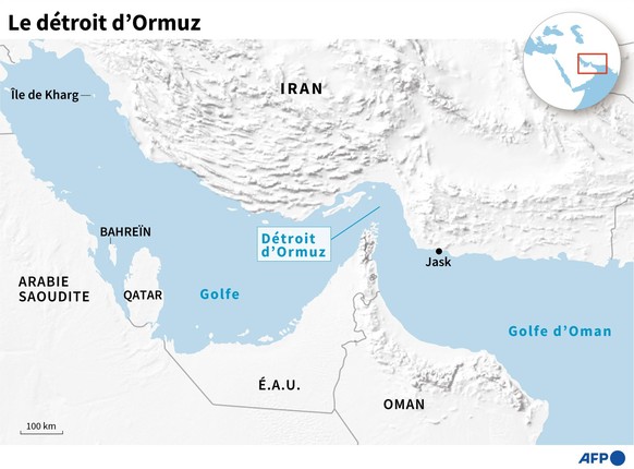 Carte localisant le détroit d'Ormuz ainsi que les ports de Jask et de l'île de Kharg en Iran.