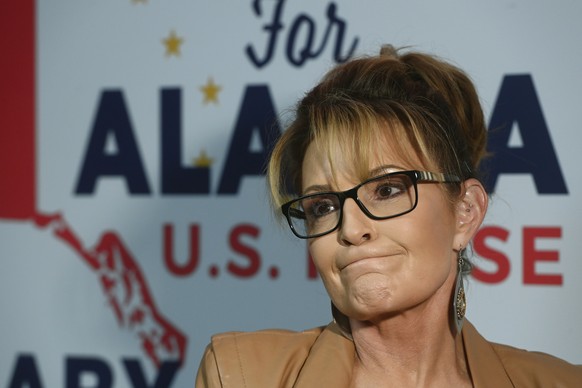 U.S. House candidate Sarah Palin speaks to the media at her campaign headquarters in South Anchorage, Alaska, after the rank choice ballots were counted on Wednesday, Aug. 31, 2022. Democrat Mary Pelt ...