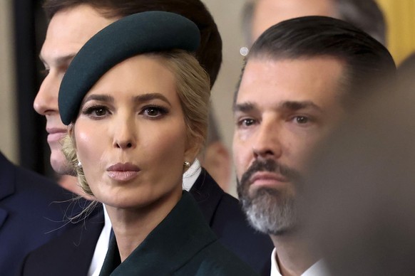 Ivanka Trump, left, and Donald Trump Jr. arrive before the 60th Presidential Inauguration in the Rotunda of the U.S. Capitol in Washington, Monday, Jan. 20, 2025. (Kevin Lamarque/Pool Photo via AP)