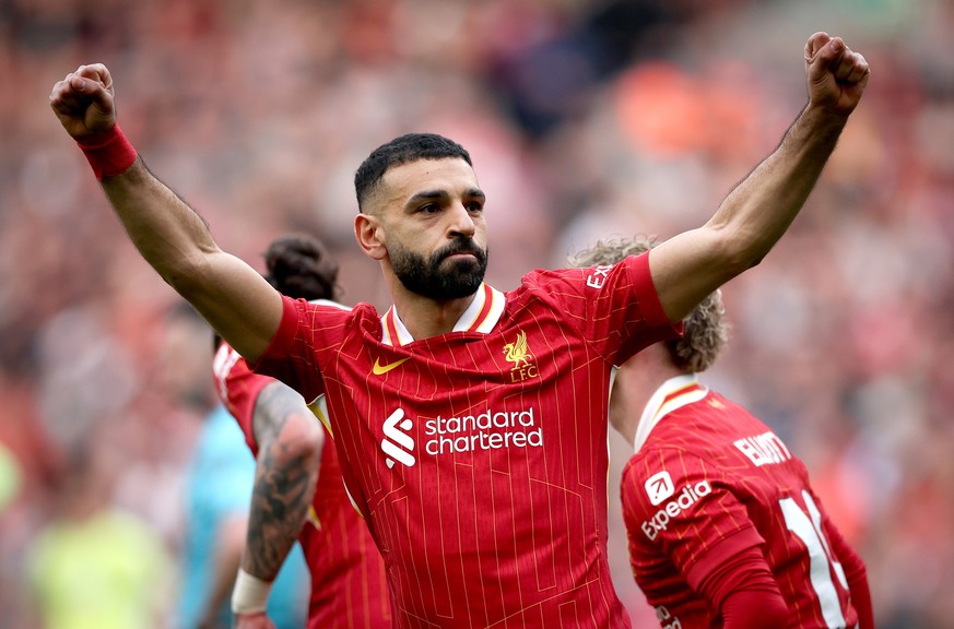 epa12024226 (FILE) - Mohamed Salah of Liverpool celebrates scoring the 2-1 goal during the English Premier League match between Liverpool FC and Southampton FC, in Liverpool, Britain, 08 March 2025 (r ...