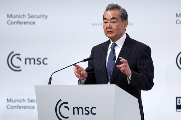 epa10474472 Chinese foreign affairs Minister Wang Yi speaks during the 2023 Munich Security Conference (MSC) in Munich, Germany, 18 February 2023. The Munich Security Conference brings together defenc ...