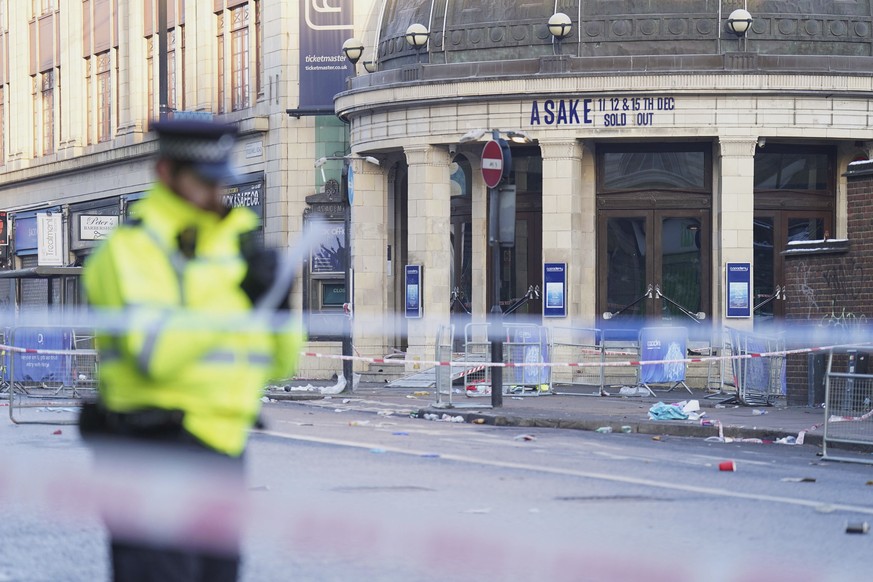 The scene outside Brixton O2 Academy where police are investigating the circumstances which led to four people sustaining critical injuries in an apparent crush as a large crowd tried to force their w ...