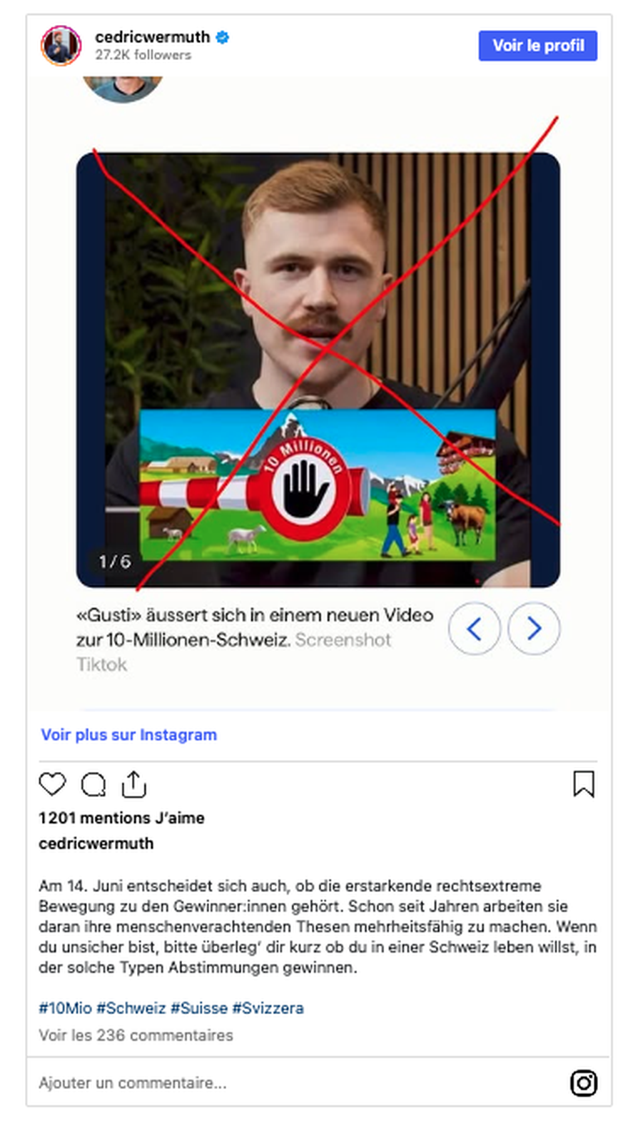 Fin mai, Cédric Wermuth avait associé l’influenceur Joung Gustav au mouvement néonazi dans une publication sur Instagram et Facebook.