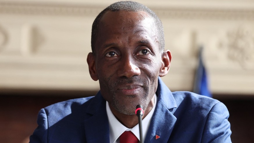 Saint-Denis' mayor Bally Bagayoko chairs the first session of the newly-elected city council in Saint-Denis, suburb of Paris on March 21, 2026. (Photo by Ludovic MARIN / AFP)
