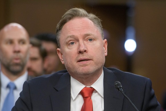 FILE - Aaron Lukas appears before a Senate Committee on Intelligence hearing for his pending confirmation to be principal deputy director DNI, on Capitol Hill, April 9, 2025, in Washington. (AP Photo/ ...