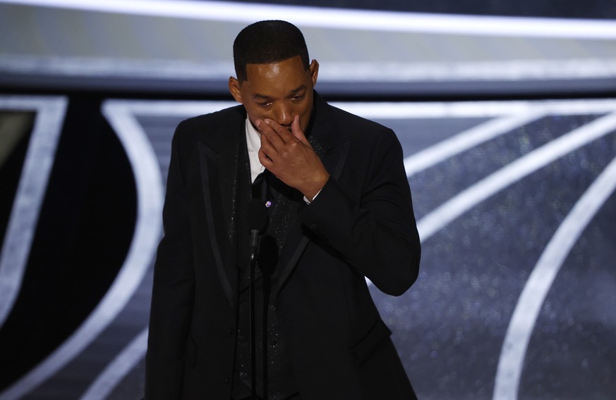 epa09854873 US actor Will Smith reacts as he speaks after winning the Oscar for Best Actor for &#039;King Richard&#039; during the 94th annual Academy Awards ceremony at the Dolby Theatre in Hollywood ...