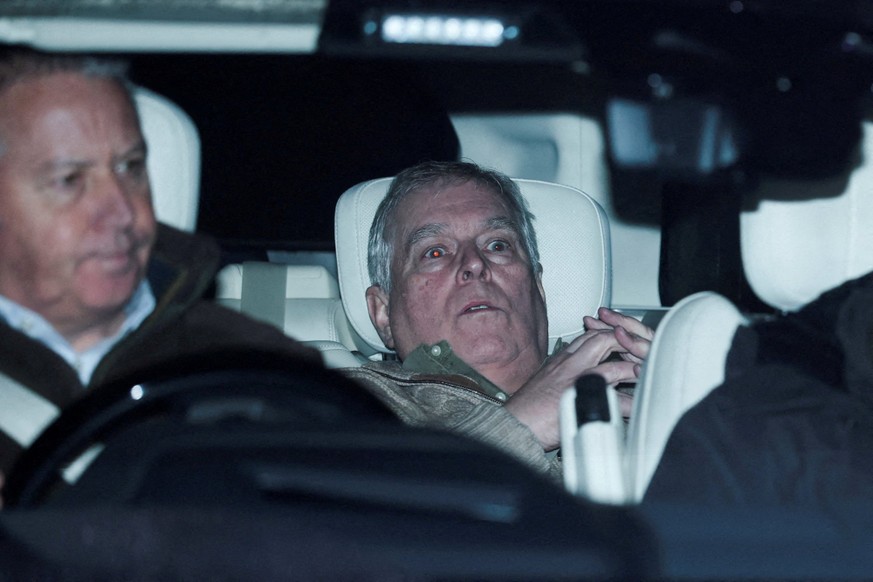 Andrew Mountbatten Windsor, younger brother of Britain’s King Charles, formerly known as Prince Andrew, leaves Aylsham Police Station on a vehicle, on the day he was arrested on suspicion of misconduc ...