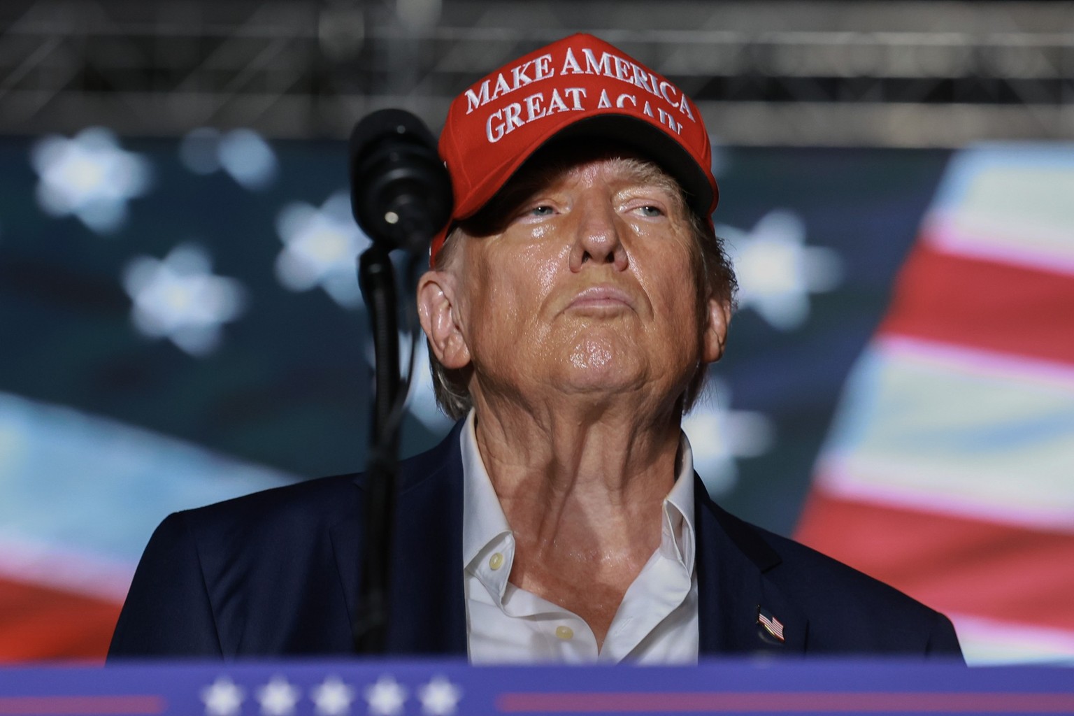 DORAL, FLORIDA - JULY 09: Former U.S. President Donald Trump speaks at a campaign rally at the Trump National Doral Golf Club on July 09, 2024 in Doral, Florida. Trump continues to campaign across the ...