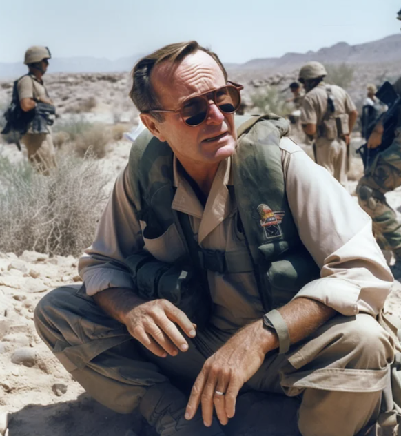 Cette image de synthèse, tirée du subreddit lié à Midjourney, représente le président américain George W. Bush Sr. en Irak. Le rendu de ses mains est parfait.