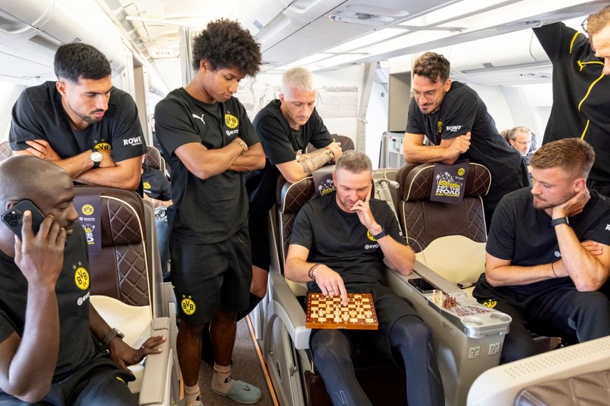 DORTMUND, GERMANY - JULY 24: (L-R) Emre Can, assistant coach Otto Addo, Karim Adeyemi, Marco Reus, Athletics coach Mathias Kolodziej, Mats Hummels and physiotherapist Dennis Morschel of Borussia Dortm ...