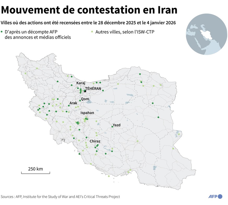 Carte localisant les dizaines de villes iraniennes où des actions de contestation ont été recensées entre le 28 décembre 2025 et le 4 janvier 2026 selon différentes sources, annonces et médias officie ...