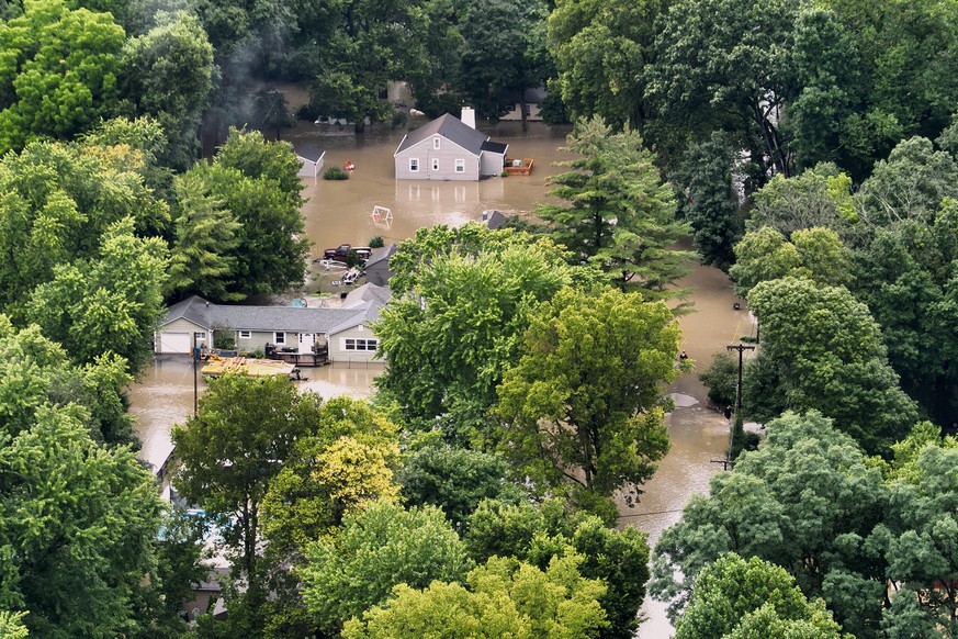 This aerial photo provided by the Indianapolis Fire Department shows flooding in northern Indianapolis, Ind., Saturday, Aug. 15, 2026. (Indianapolis Fire Department via AP)
Indiana Extreme Weather Flo ...