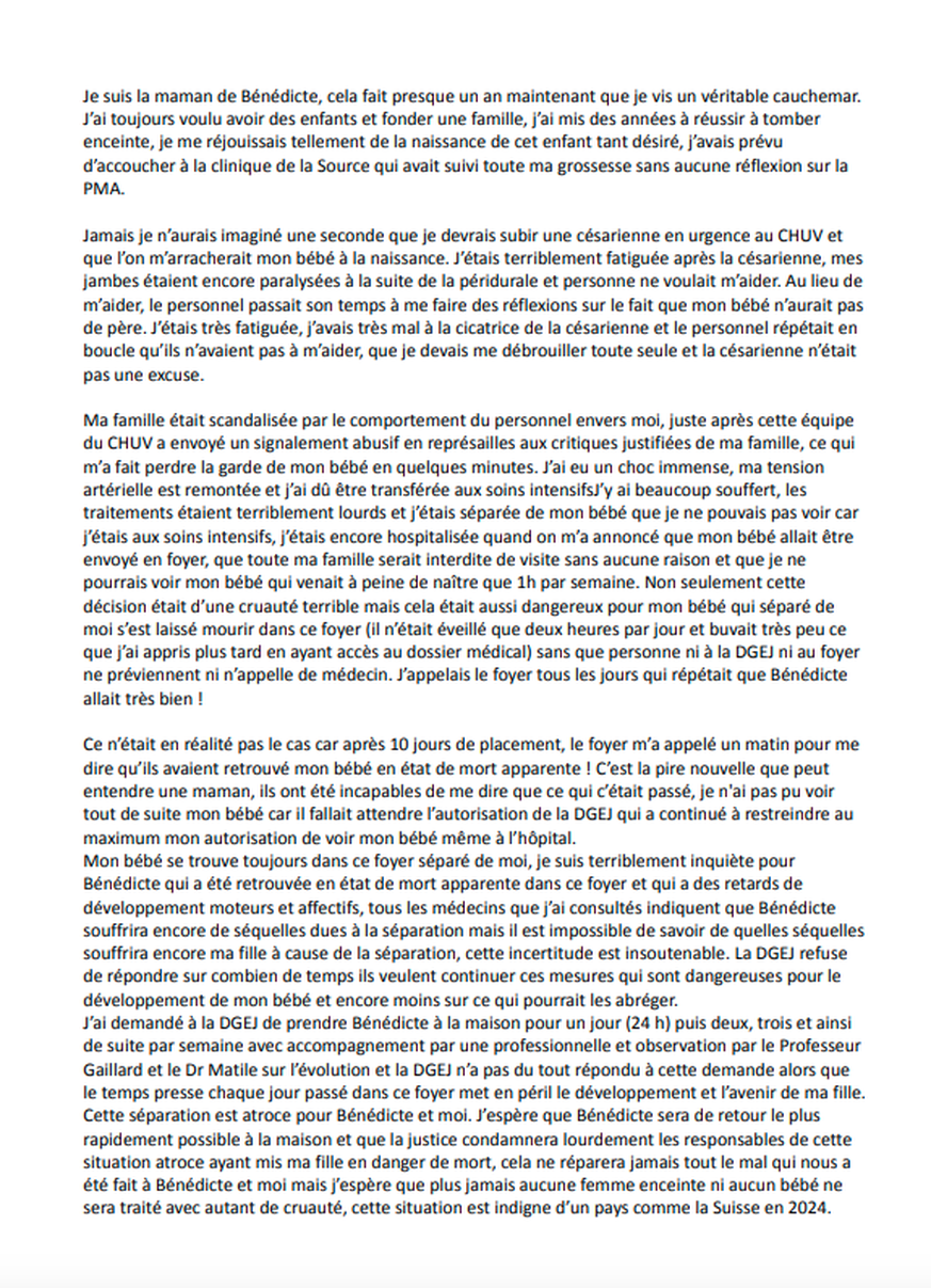 Lettre de la maman de Bénédicte, l&#039;enfant placée