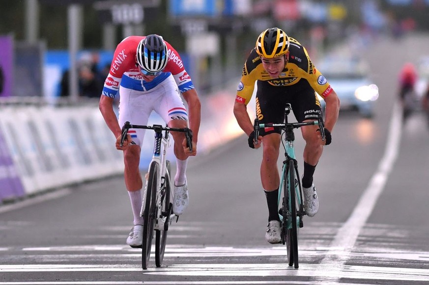 OUDENAARDE, BELGIUM - OCTOBER 18: Sprint / Arrival / Mathieu Van Der Poel of The Netherlands and Team Alpecin-Fenix / Wout Van Aert of Belgium and Team Team Jumbo - Visma / during the 104th Tour of Fl ...