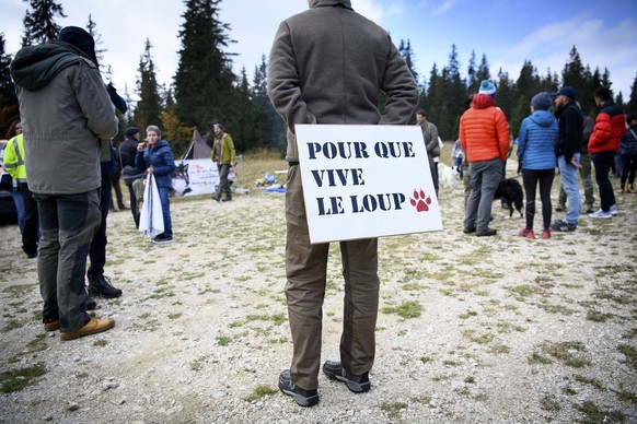 Une personne avec une pancarte «Pour que vive le loup» lors d&#039;une manifestation contre le tir du loup le 9 octobre 2021 au Col du Marchairuz dans le canton de Vaud.
