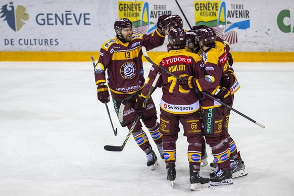 Les joueurs genevois laissent eclater leur joie, lors du match du championnat suisse de hockey sur glace de National League entre Geneve-Servette HC, GSHC, et HC Lugano, HCL, ce jeudi 27 fevrier 2025  ...
