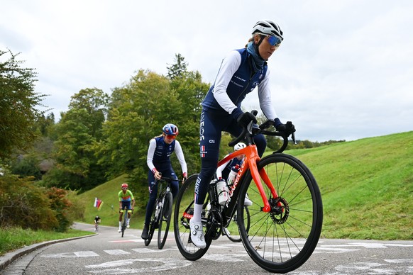 ZURICH, SWITZERLAND - SEPTEMBER 27: Pauline Ferrand Prevot of France during a training session on day 7 of the 97th UCI Cycling World Championships Zurich 2024 one day race from Uster to Zurich on Sep ...