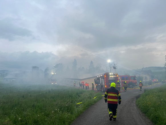 HANDOUT - Vollbrand in einem Schweinestall in Gossau, SG, am Mittwoch, 8. Mai 2024. Der Brand in einem der beiden Staelle konnte mittlerweile unter Kontrolle gebracht werden. Das angrenzende Wohnhaus  ...