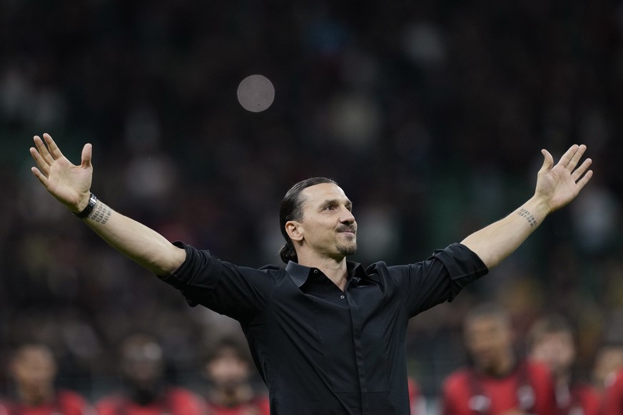 AC Milan&#039;s Zlatan Ibrahimovic reacts after his last game for the club at the end of a Serie A soccer match between AC Milan and Hellas Verona at the San Siro stadium, in Milan, Italy, Sunday, Jun ...