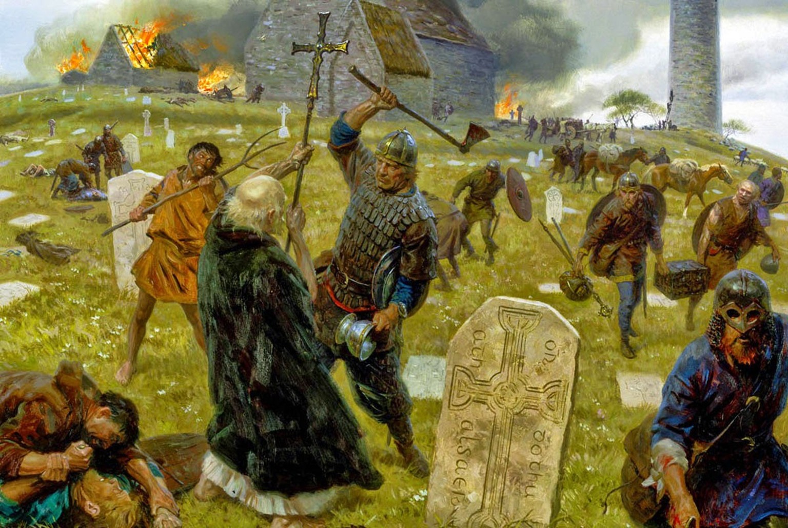 Représentation artistique d’une attaque de l’abbaye d’Iona par les Vikings.
https://www.pinterest.at/pin/365073113524685158/