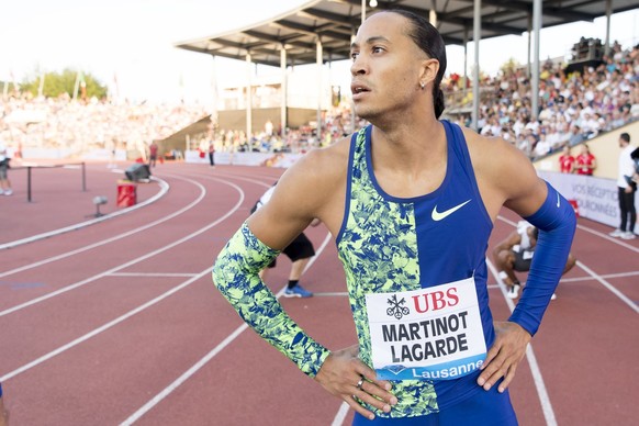 Pascal Martinot-Lagarde from France reacts during the men&#039;s 110m hurdles race at the Athletissima IAAF Diamond League international athletics meeting in the Stade Olympique de la Pontaise in Laus ...